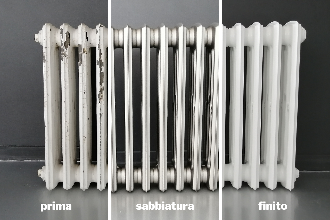 processo di sabbiatura industriale su termosifone bianco